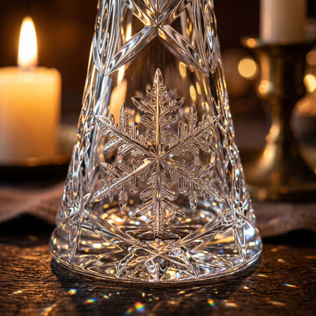 Detail Image 1 - Macro close-up of snowflake cut pattern in crystal glass base with prismatic light refraction