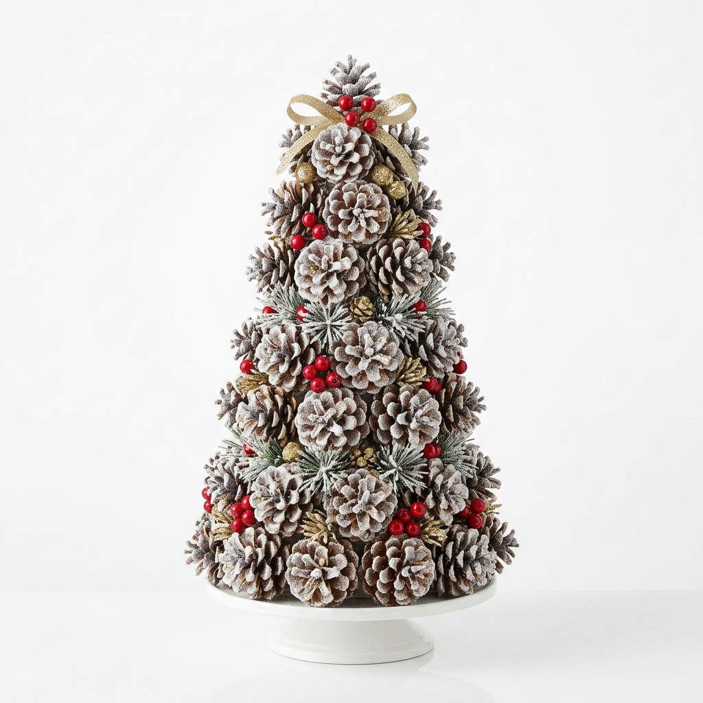 Frosted Pine Cone Centerpiece Tower - White Background Product Photo