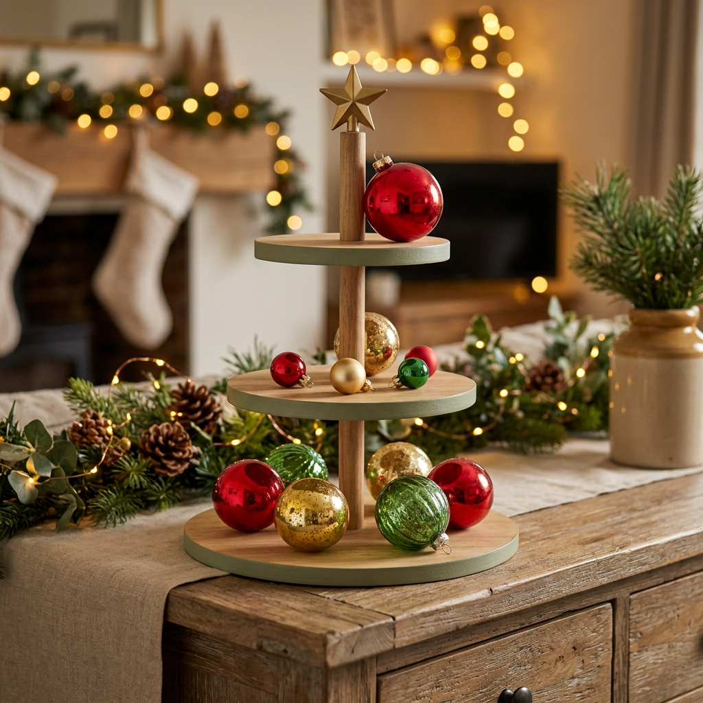 Main Image 2 - Same stand displaying Christmas ornaments on farmhouse sideboard with fairy lights