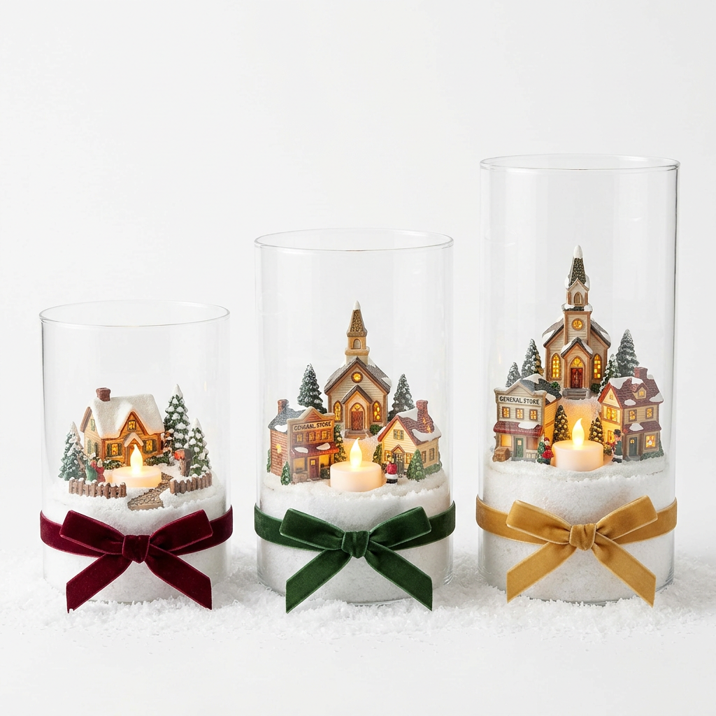 White background product photo - Winter Village Glass Candle Holder Trio Set