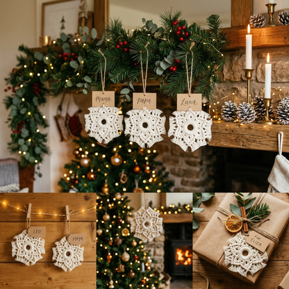 Main Image 2 - Creative display of macrame snowflake holders on pine garland string lights and wrapped gift in cozy Christmas home