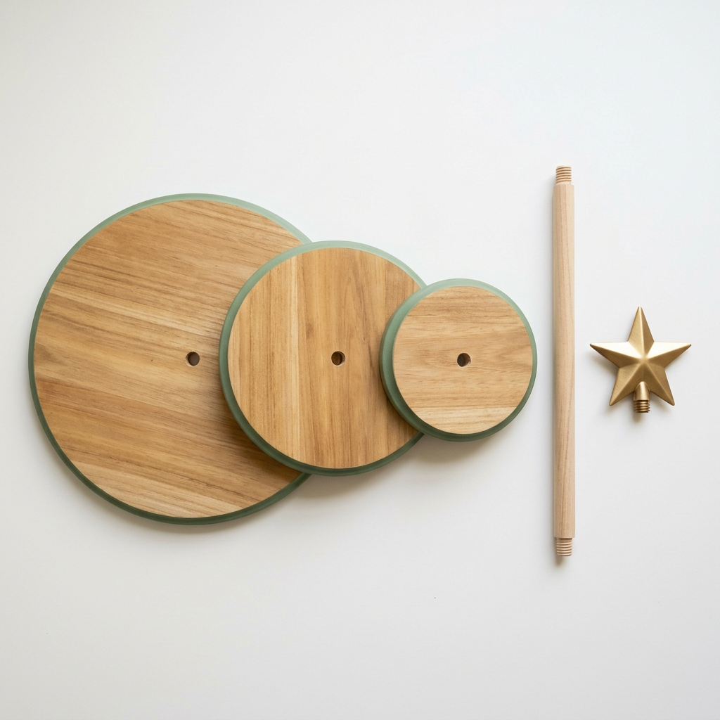 Detail Image 2 - Flat lay of all three tiers disassembled showing size difference central dowel and brass star topper