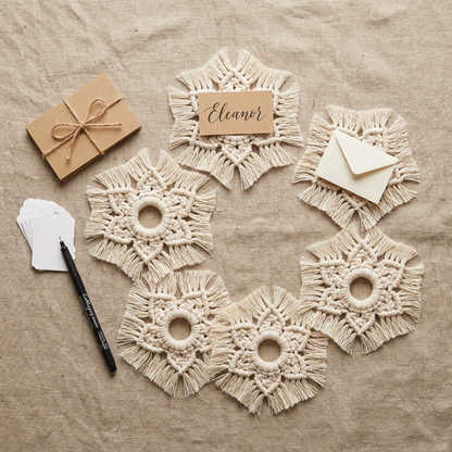 Detail Image 2 - Flat lay overhead of all 6 holders on linen with included kraft cards white tags and black marker accessories