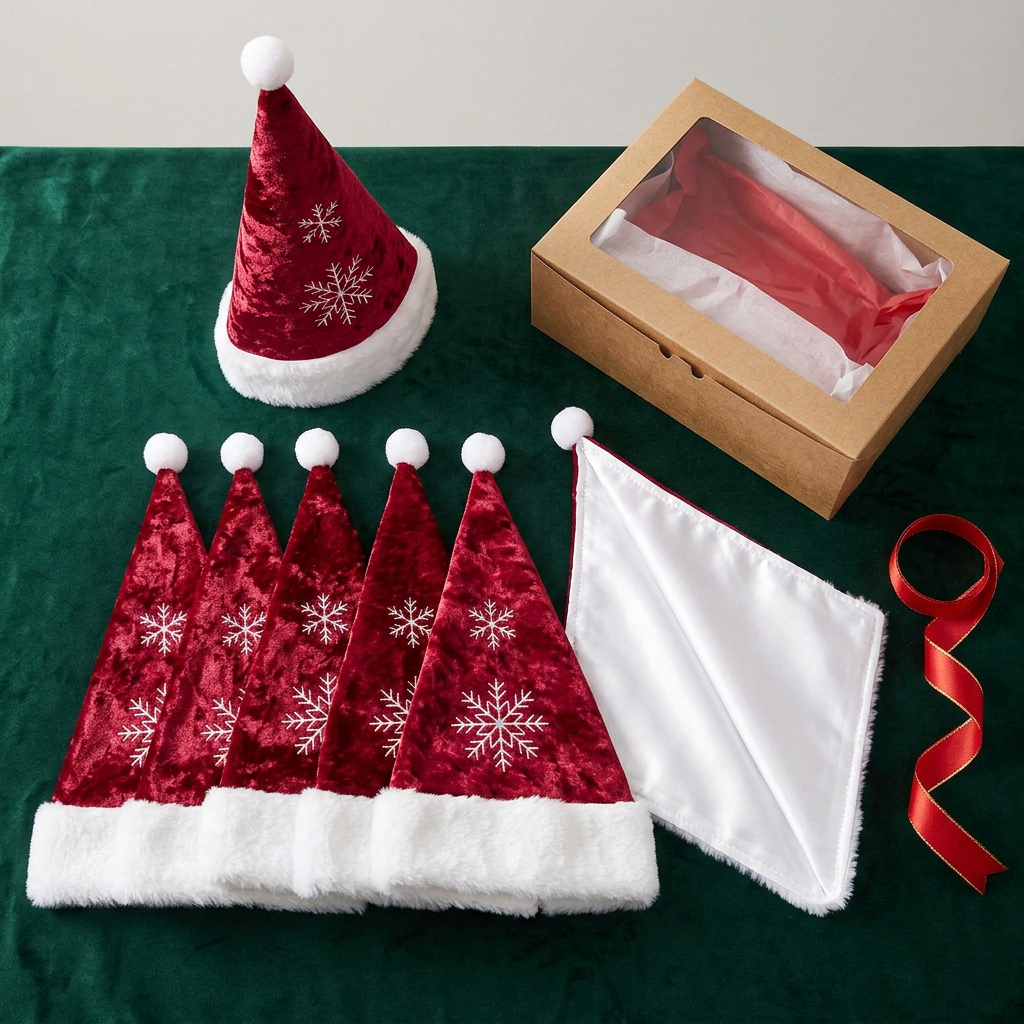 Detail Image 2 - Overhead flat lay of all 6 napkins on forest green velvet with one open showing white satin lining and gift box