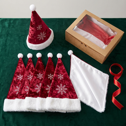 Detail Image 2 - Overhead flat lay of all 6 napkins on forest green velvet with one open showing white satin lining and gift box