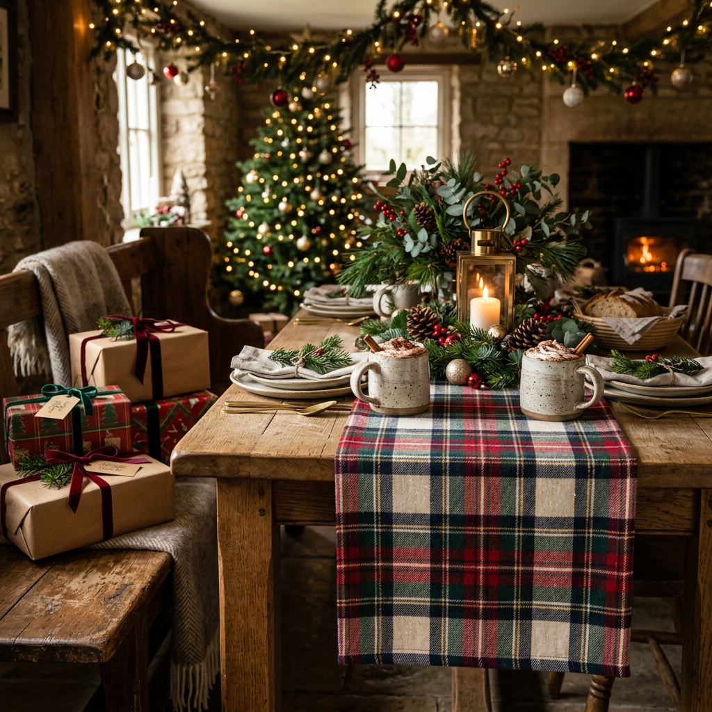 Main Image 2 - Table runner on rustic farmhouse table with cozy Christmas lifestyle styling