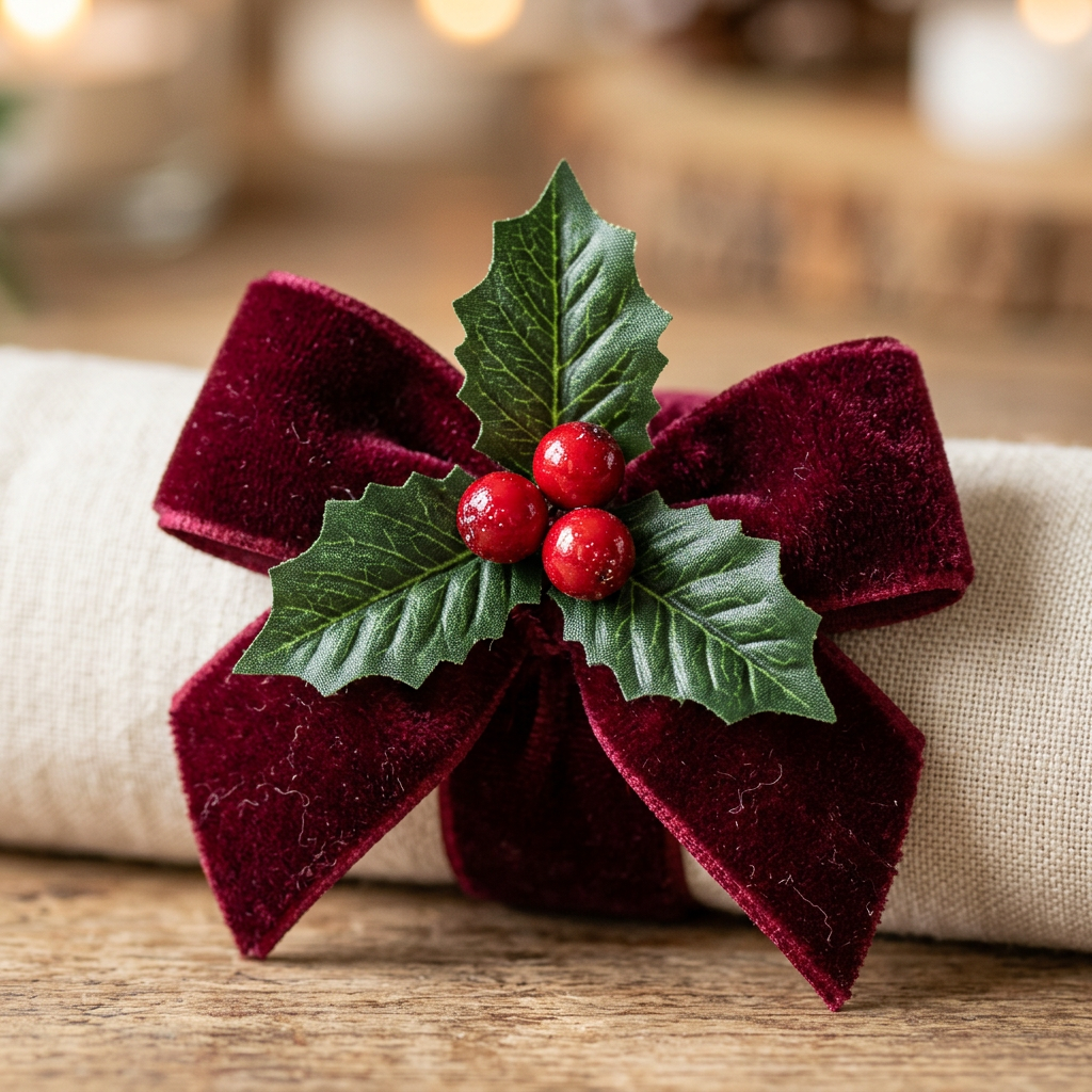 Detail Image 1 - Macro close-up of single napkin ring showing burgundy velvet texture and holly berry detail