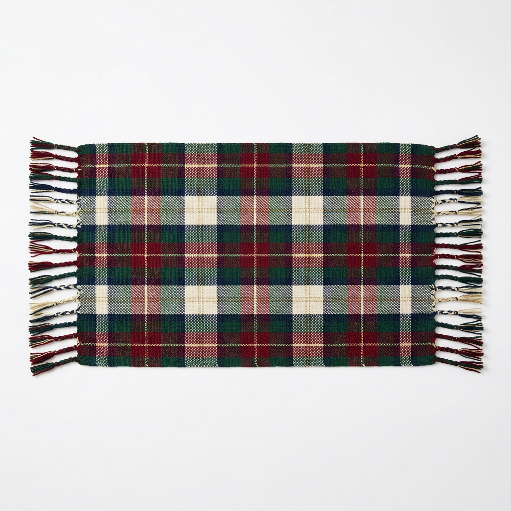 White background product photo - Nordic plaid woven table runner with gold lurex thread laid flat