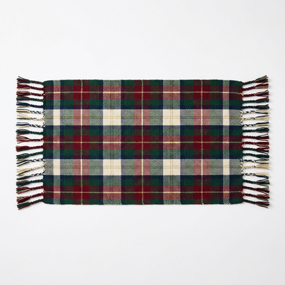 White background product photo - Nordic plaid woven table runner with gold lurex thread laid flat