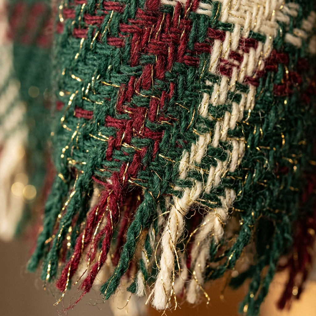 Detail Image 1 - Macro close-up of plaid weave structure showing gold lurex threads and tartan pattern