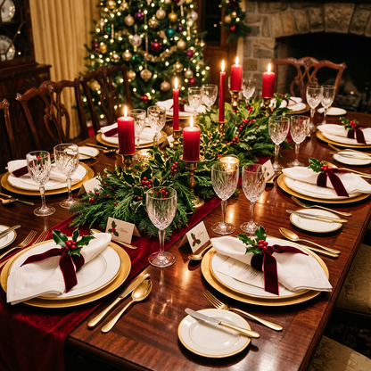 Main Image 1 - Six place settings with velvet holly napkin rings on gold-rimmed charger plates at Christmas dinner table