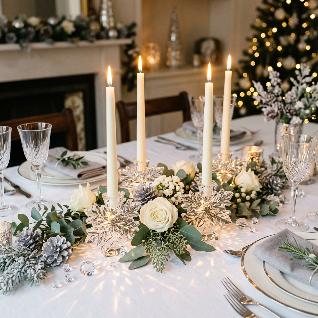 Main Image 2 - Crystal candle holders as centerpiece cluster with eucalyptus white roses and silver pinecones on white linen table