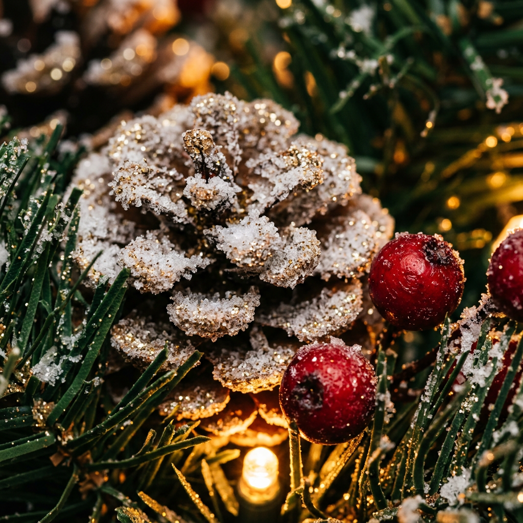 Detail Image 1 - Close up of frosted pine cone texture, gold glitter and red berries