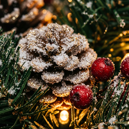 Detail Image 1 - Close up of frosted pine cone texture, gold glitter and red berries