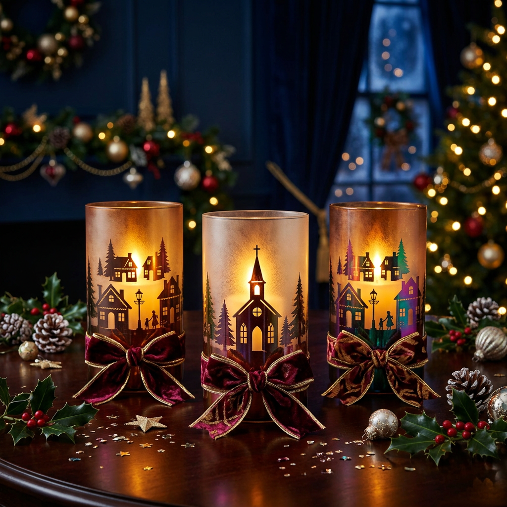 Main Image 1 - Village candle holders glowing on dark mahogany table with jewel tone background