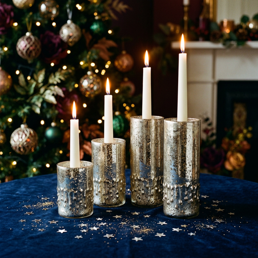 Main Image 1 - All 4 mercury glass icicle holders clustered on navy velvet with lit white taper candles and silver star confetti