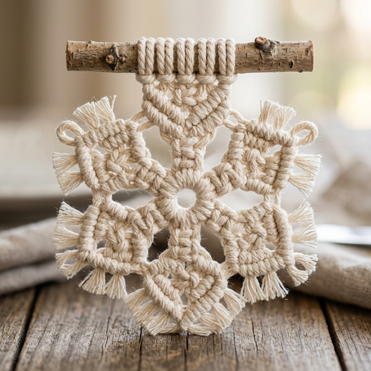 Detail Image 1 - Macro close-up of macrame snowflake knotting detail showing 3mm natural cotton rope square knot pattern