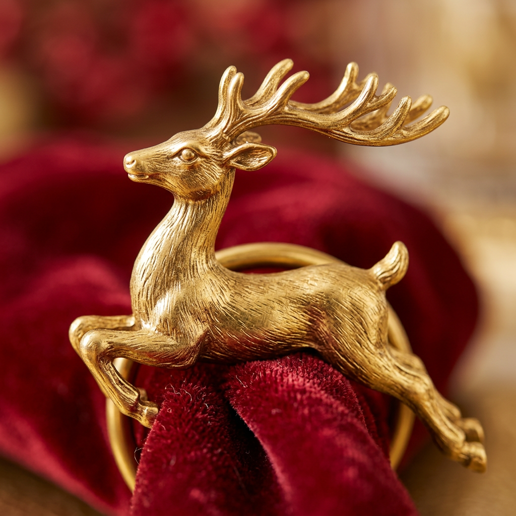 Detail Image 1 - Macro close-up of single reindeer napkin ring showing brushed gold finish
