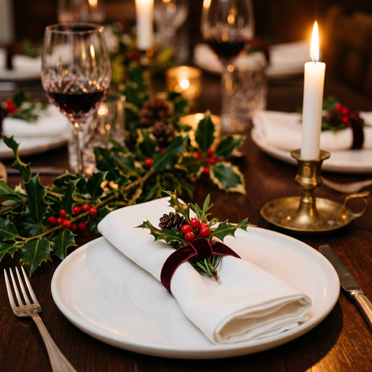 Detail Image 3 - Single napkin ring on white linen napkin beside lit taper candle in brass holder