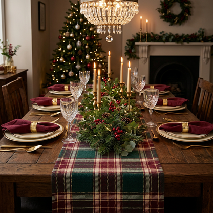 Main Image 1 - Table runner on elegant Christmas dining table with gold shimmer under chandelier light