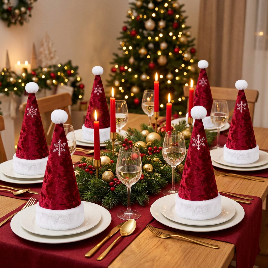 Main Image 1 - Six Santa hat napkins at Christmas dinner table place settings with gold cutlery and pine greenery runner