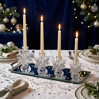 Main Image 1 - Four crystal candle holders on mirrored tray with lit ivory tapers scattering prismatic light on midnight blue background