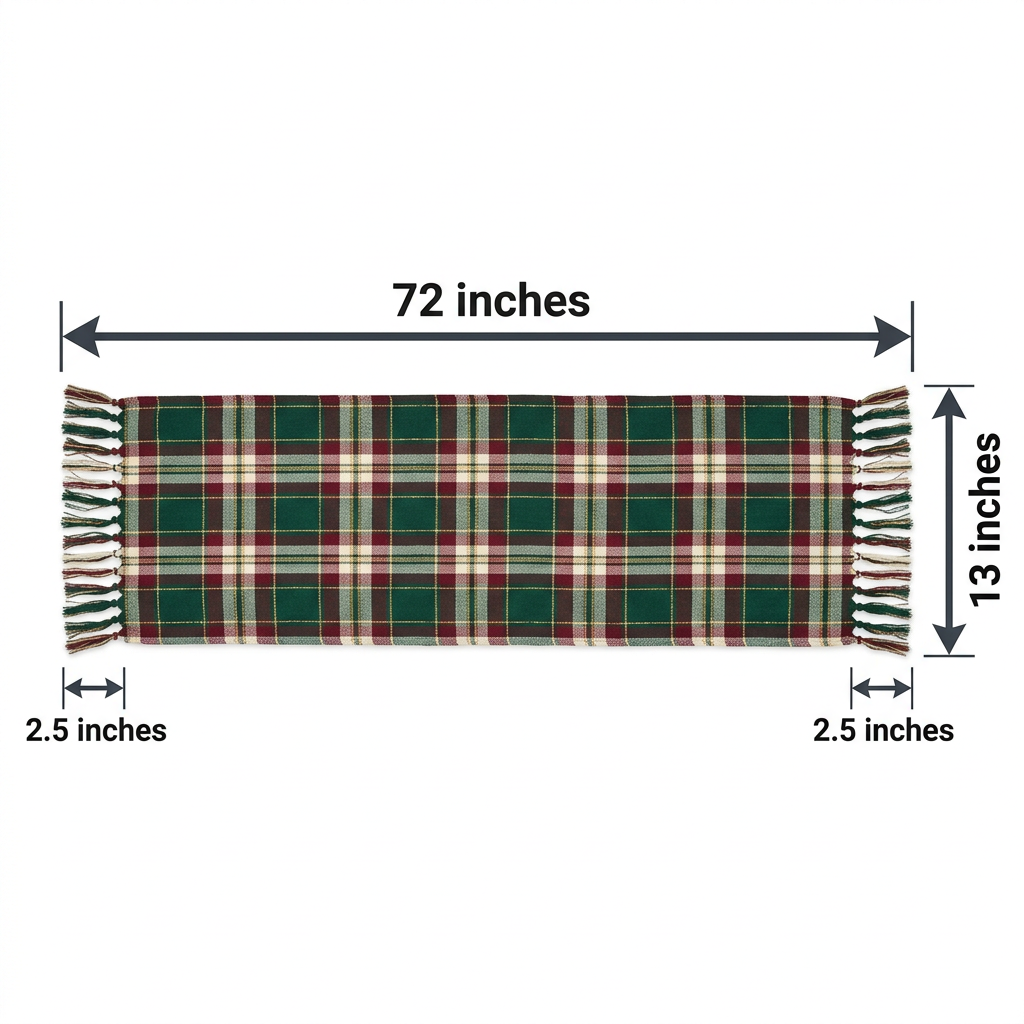Size Chart - Table runner dimension infographic showing 72 inch length 13 inch width and 2.5 inch fringe