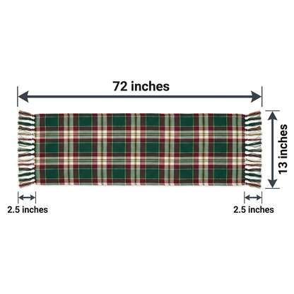 Size Chart - Table runner dimension infographic showing 72 inch length 13 inch width and 2.5 inch fringe
