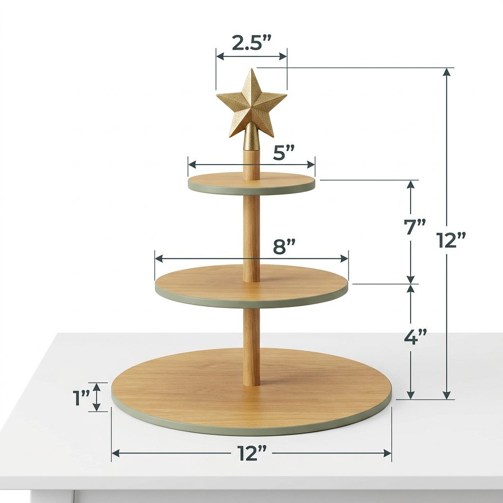 Size Chart - Three-tier stand dimension infographic showing all tier diameters heights and total 12-inch assembly height
