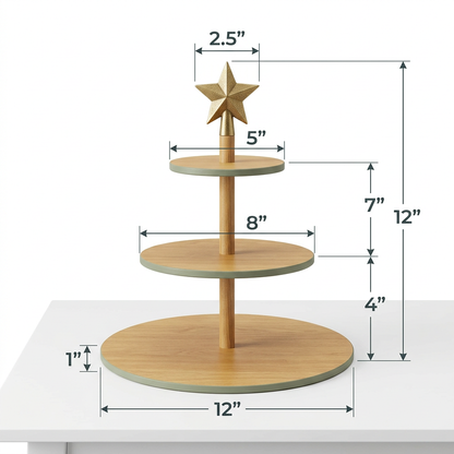 Size Chart - Three-tier stand dimension infographic showing all tier diameters heights and total 12-inch assembly height