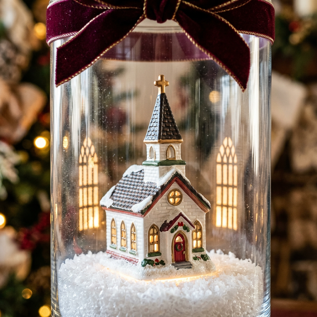 Detail Image 1 - Close up macro of miniature ceramic church inside glass cylinder with LED glow