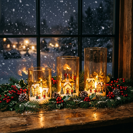 Main Image 2 - Village candle holders on rustic wooden windowsill with winter night outside