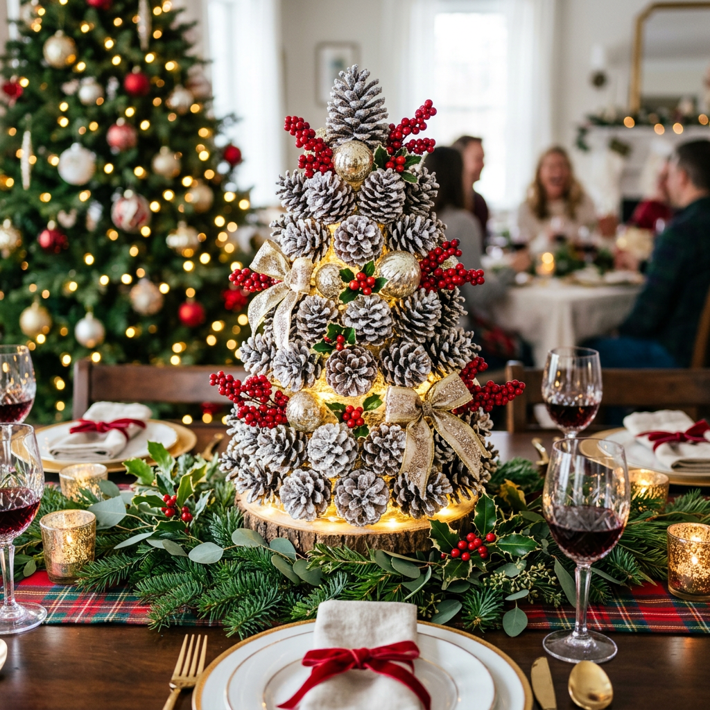 Frosted Pine Cone Centerpiece Tower styled on Christmas dining table with LED glow
