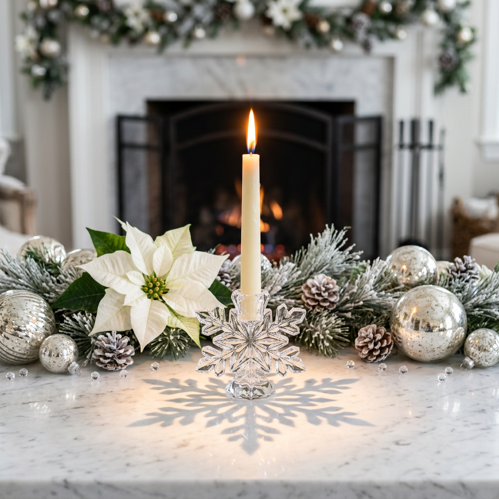 Detail Image 3 - Single crystal holder with lit taper candle on white marble mantelpiece casting snowflake shadow pattern