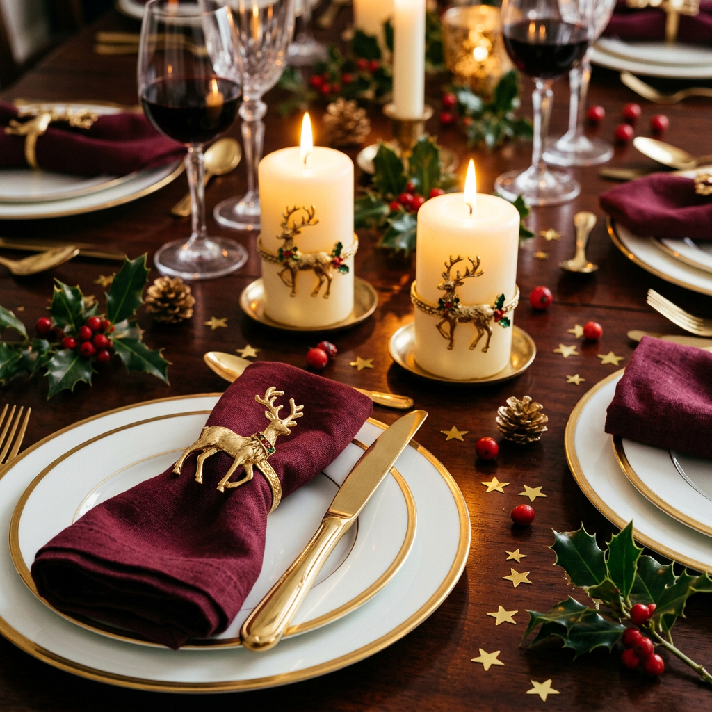 Main Image 1 - Reindeer napkin rings on burgundy napkins at elegant Christmas table close-up