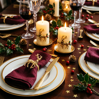 Main Image 1 - Reindeer napkin rings on burgundy napkins at elegant Christmas table close-up