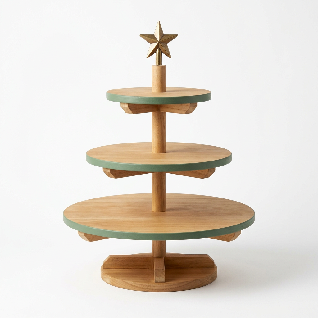 White background product photo - Three-tier wooden Christmas tree display stand with sage green edges and brass gold star topper