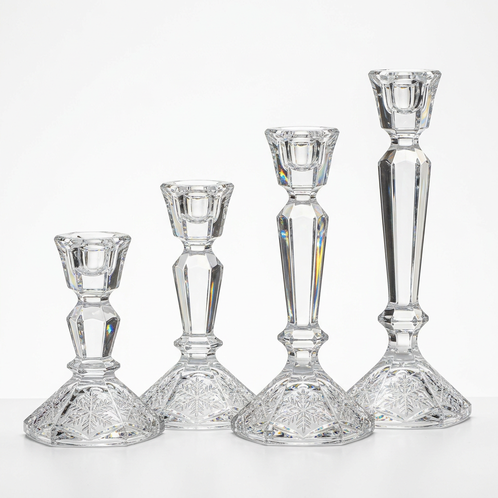 White background product photo - Set of 4 crystal snowflake taper candle holders in graduated heights