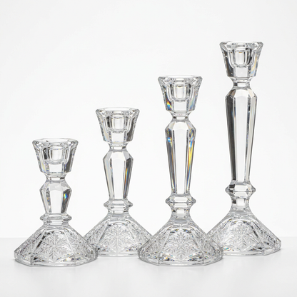 White background product photo - Set of 4 crystal snowflake taper candle holders in graduated heights