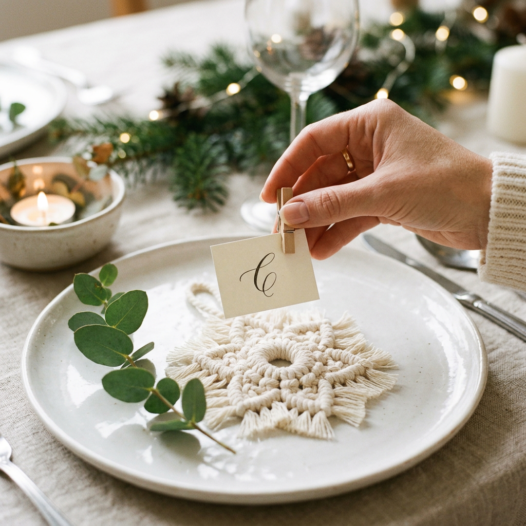 Detail Image 3 - Lifestyle hands clipping a calligraphy name card into the birchwood clothespin on a macrame snowflake holder