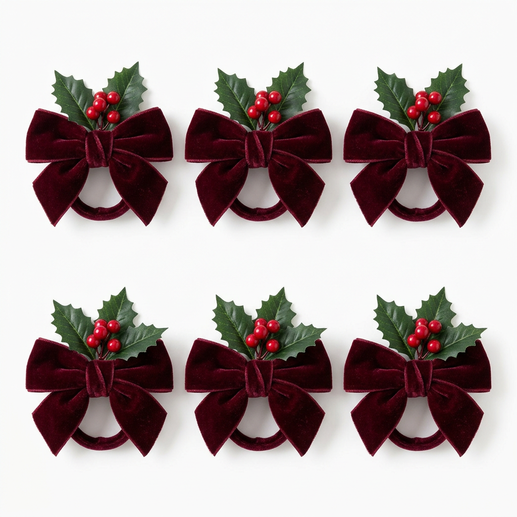 White background product photo - Set of 6 burgundy velvet ribbon and holly berry Christmas napkin rings
