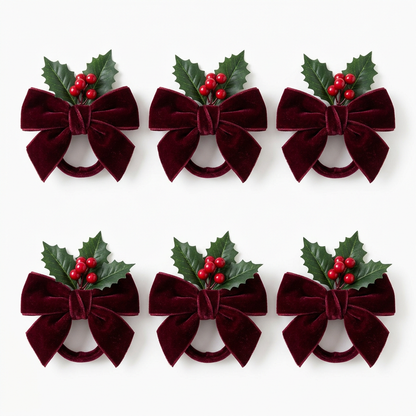 White background product photo - Set of 6 burgundy velvet ribbon and holly berry Christmas napkin rings