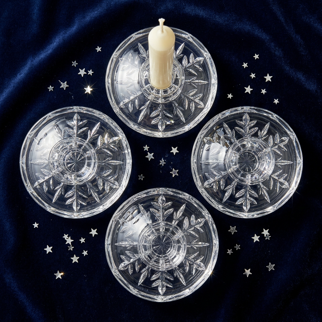 Detail Image 2 - Overhead flat lay of all four crystal holders on navy velvet showing snowflake patterns from above