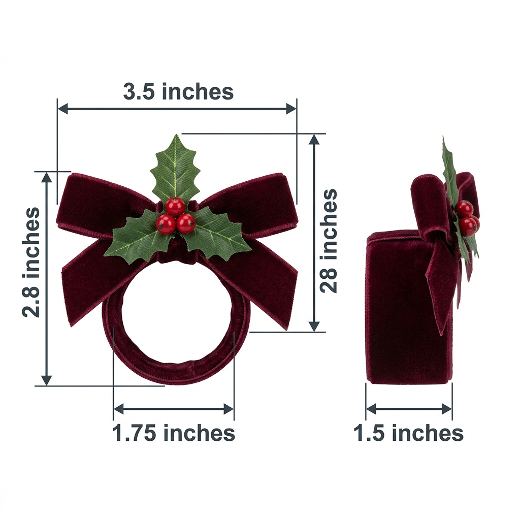 Size Chart - Napkin ring dimension infographic showing inner diameter bow width height and ribbon width measurements