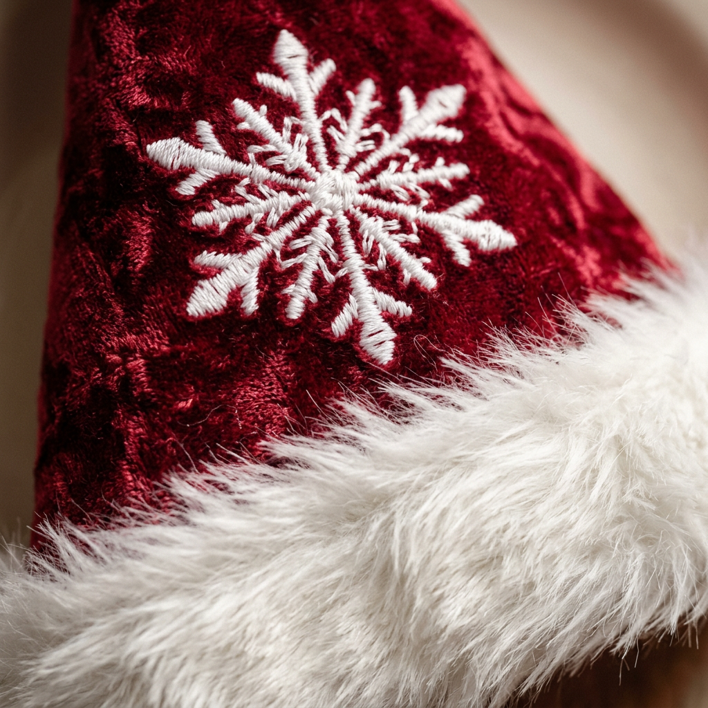 Detail Image 1 - Macro close-up showing white embroidered snowflake stitching on crimson velvet and white faux fur cuff fibers