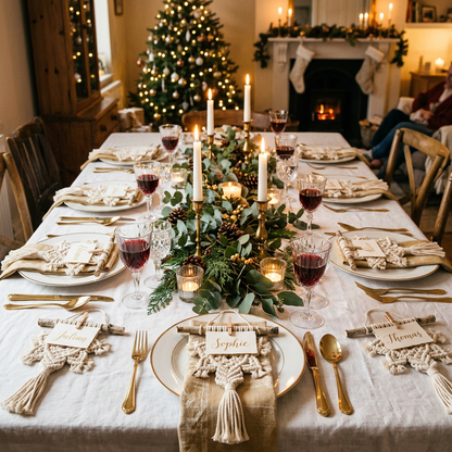 Main Image 1 - Six place settings with macrame snowflake place card holders on white plates at elegant boho Christmas table