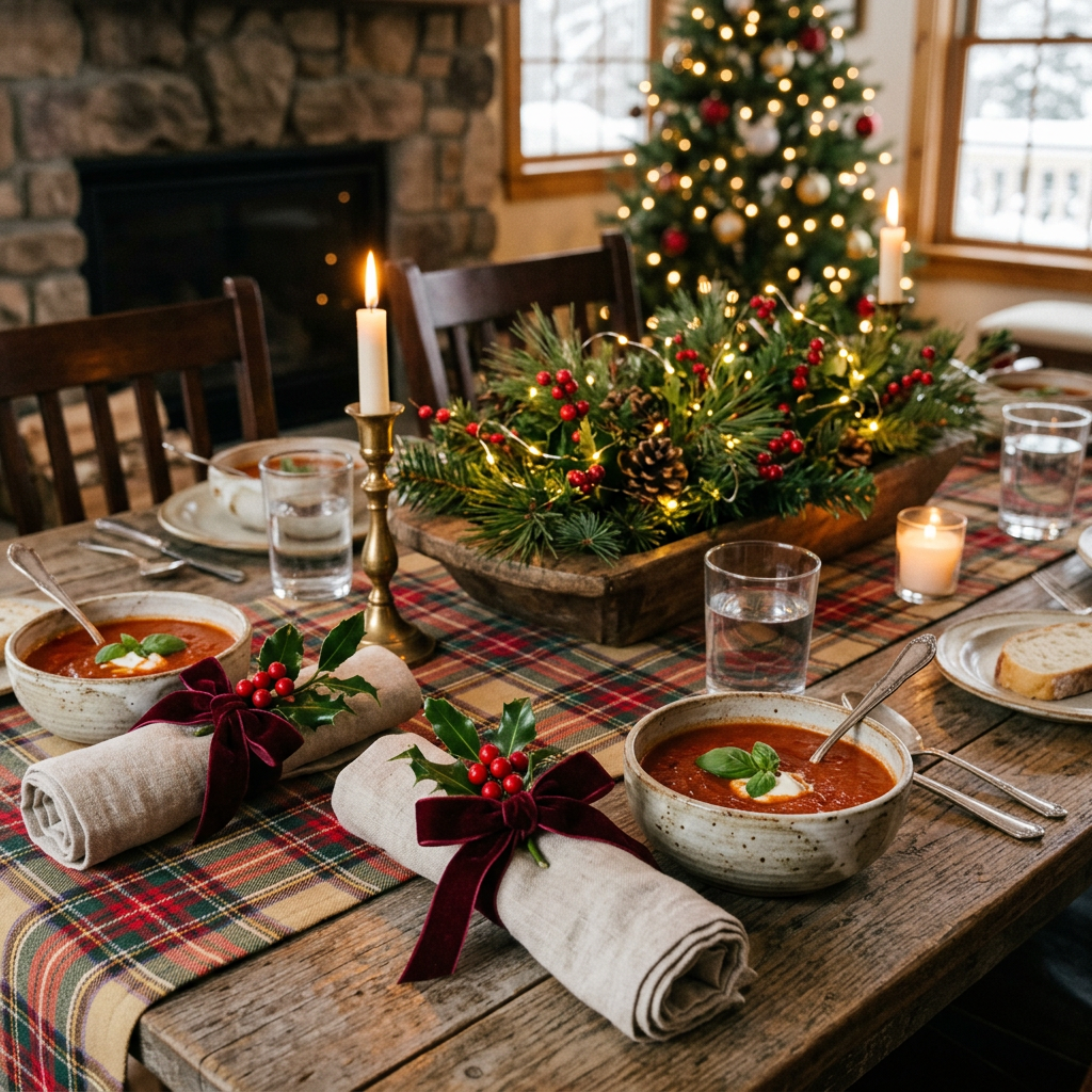 Main Image 2 - Cozy rustic Christmas table with velvet holly napkin rings beside ceramic soup bowls