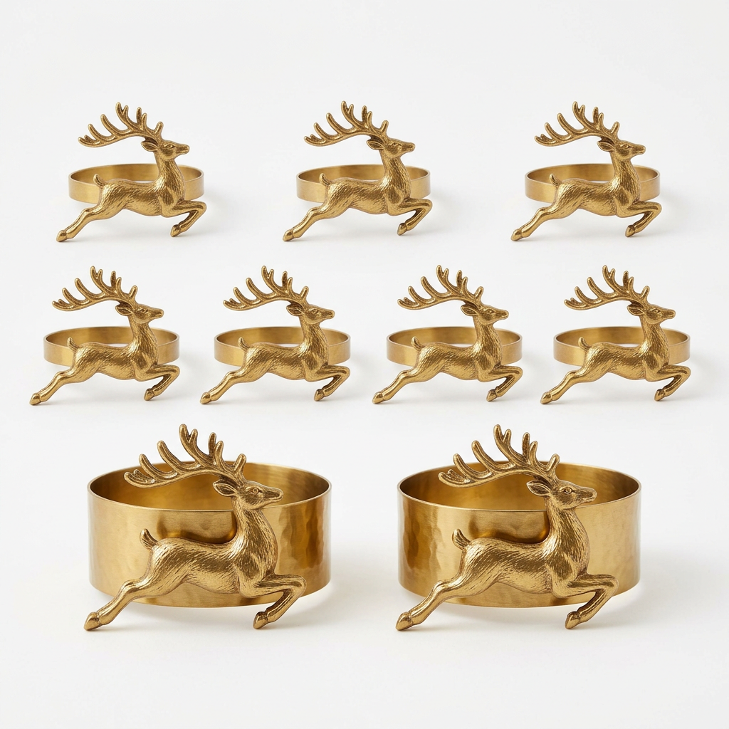 White background product photo - Full set of 6 reindeer napkin rings and 2 candle collar rings