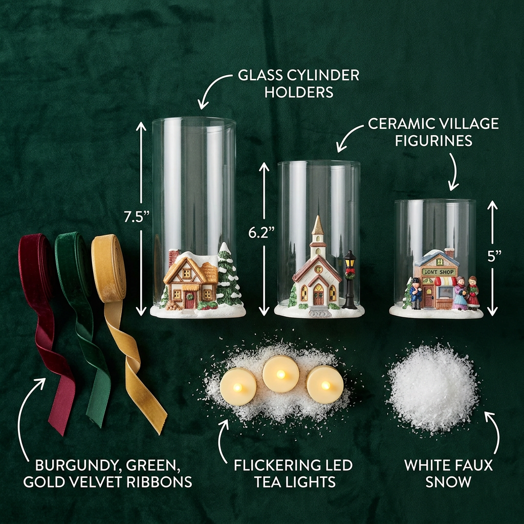 Detail Image 2 - All components flat lay showing cylinders figurines LED tea lights and ribbons