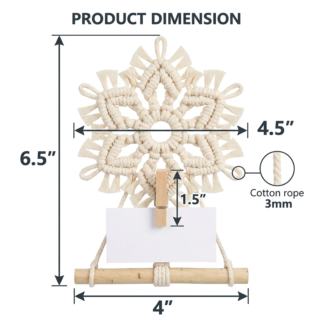 Size Chart - Macrame snowflake holder dimension infographic showing 4.5 inch snowflake diameter 6.5 inch total height and all measurements